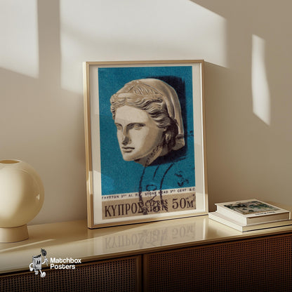 Stone Head Sculpture - vintage matchbox label print - size comparison