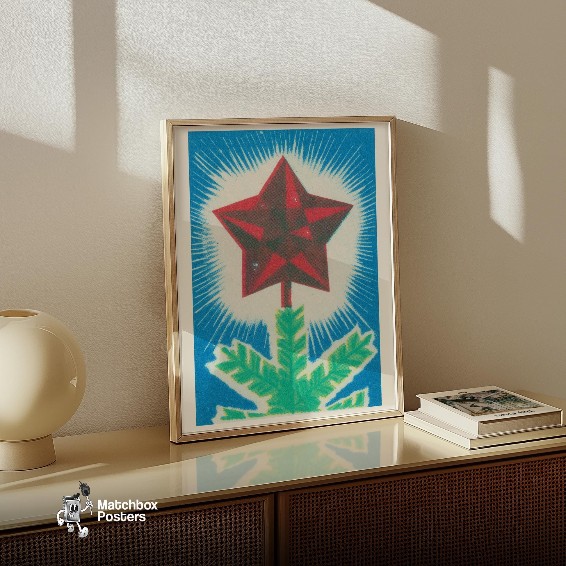 Red Star Christmas Tree - vintage matchbox label print - size comparison