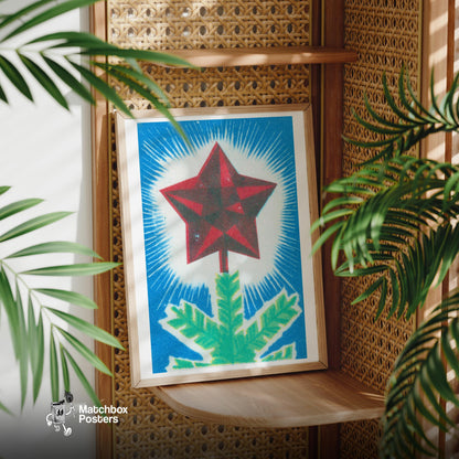 Red Star Christmas Tree - vintage matchbox label print - office wall