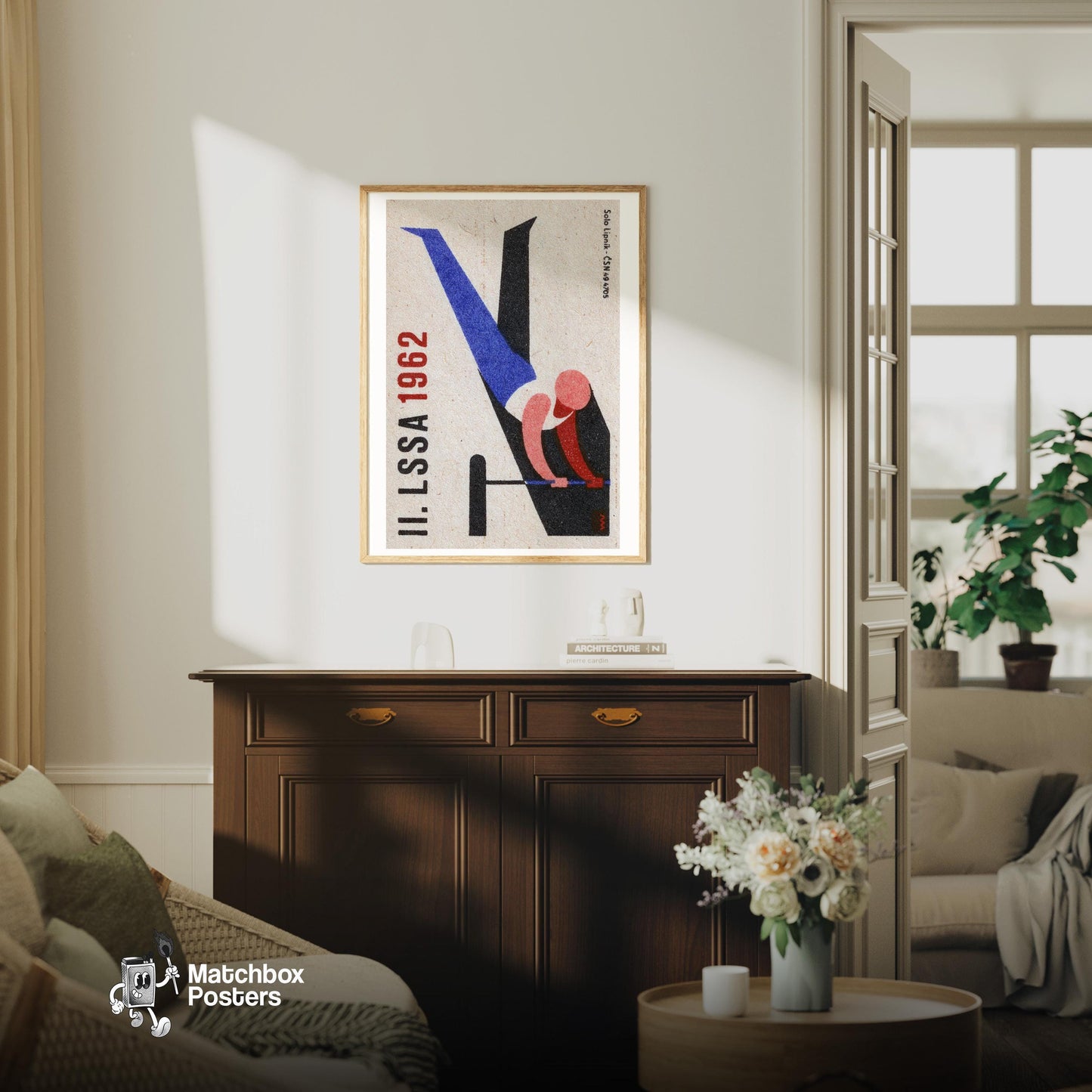 Gymnast on Bar - vintage matchbox label print - living room mockup