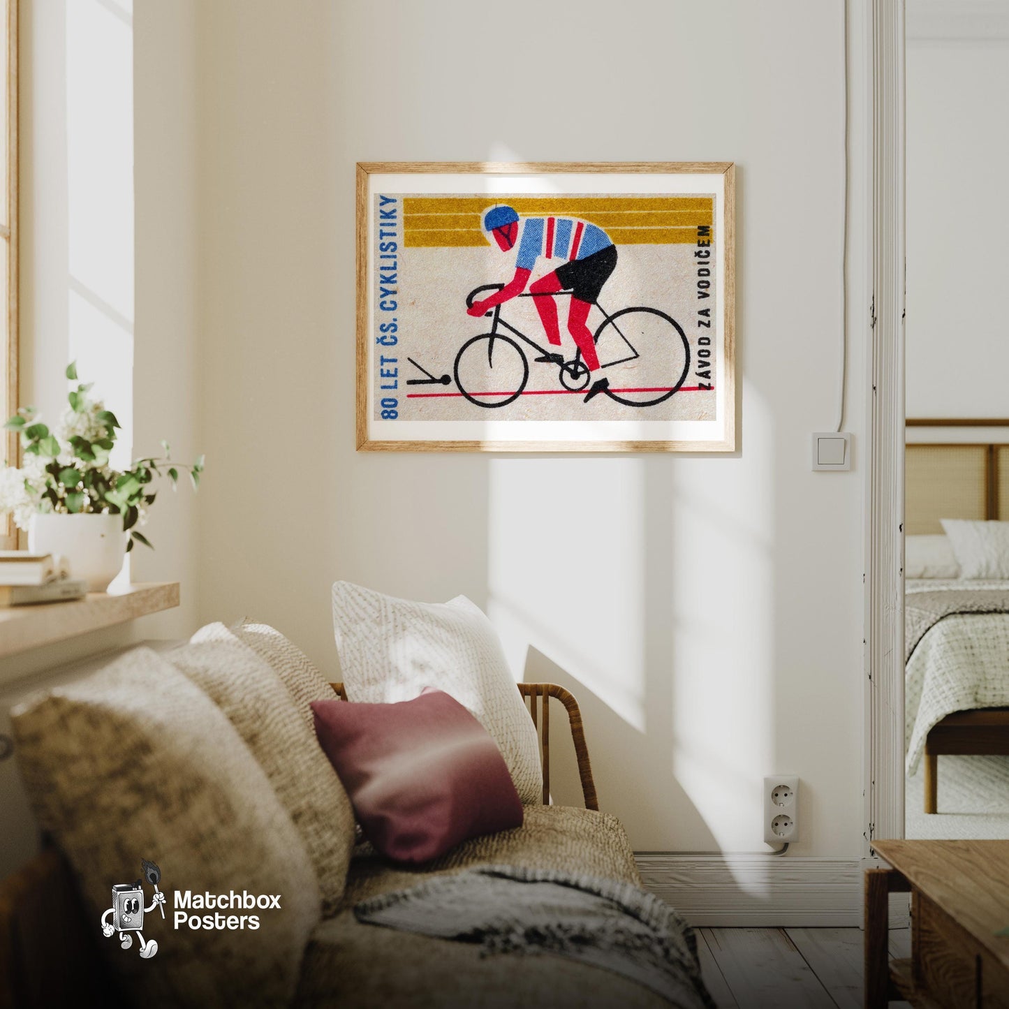 Cyclist - vintage matchbox label print - living room mockup