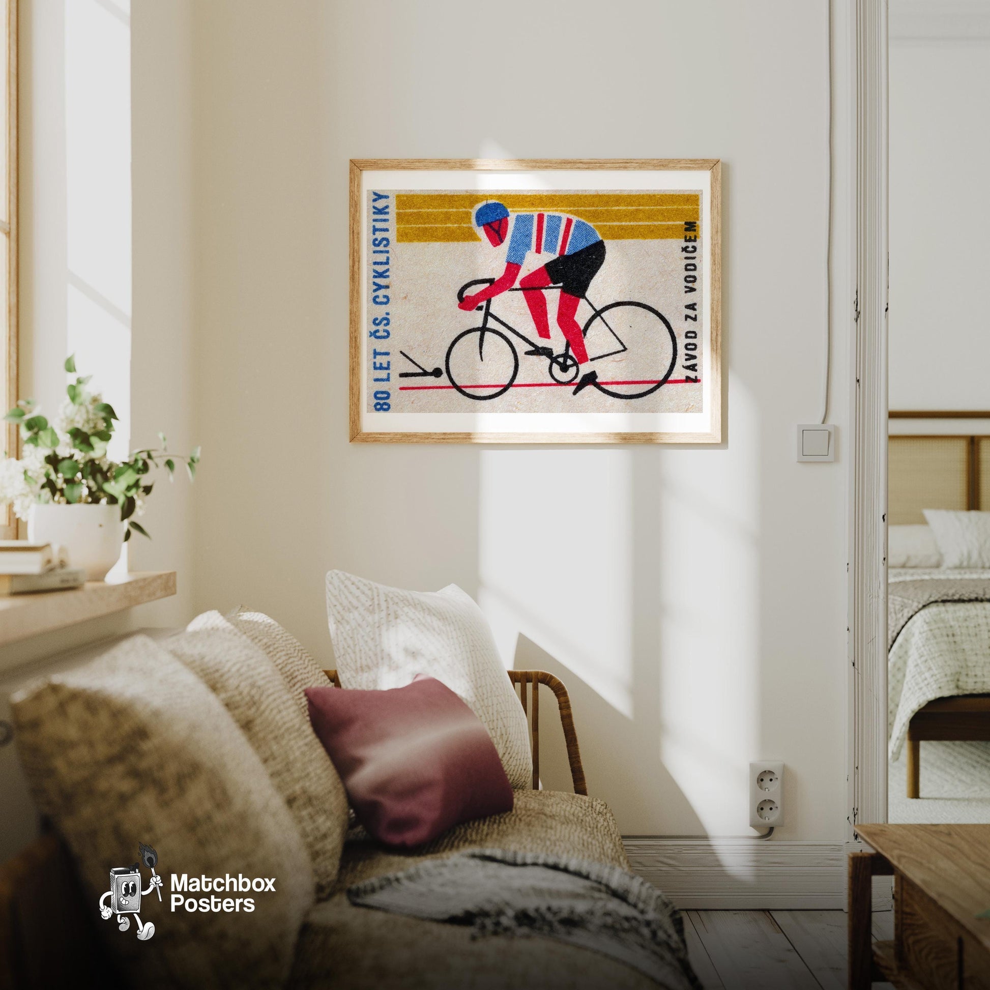 Cyclist - vintage matchbox label print - living room mockup