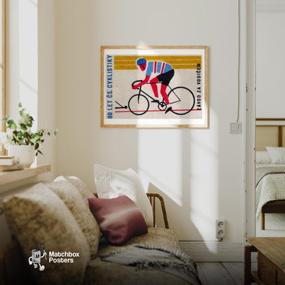 Cyclist - vintage matchbox label print - living room mockup
