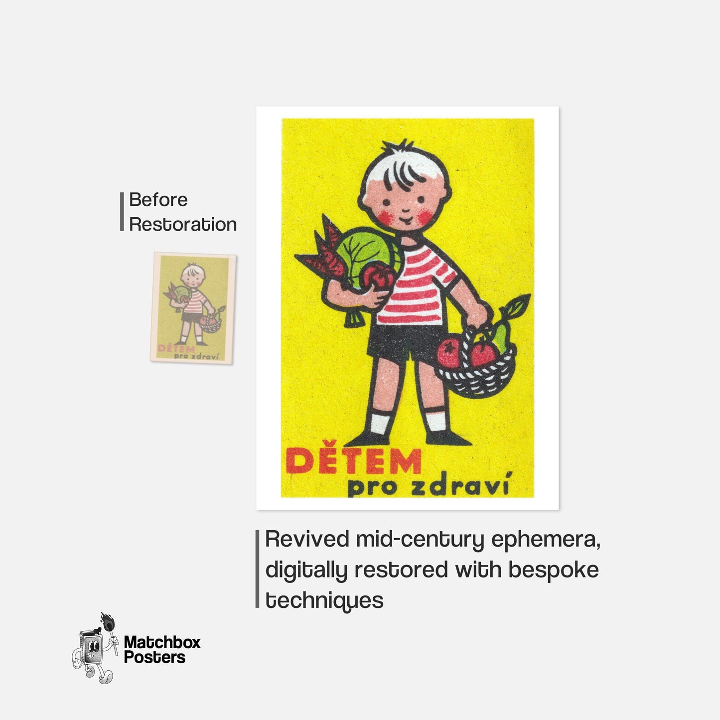 Boy with Basket - vintage matchbox label print - framed wall art preview