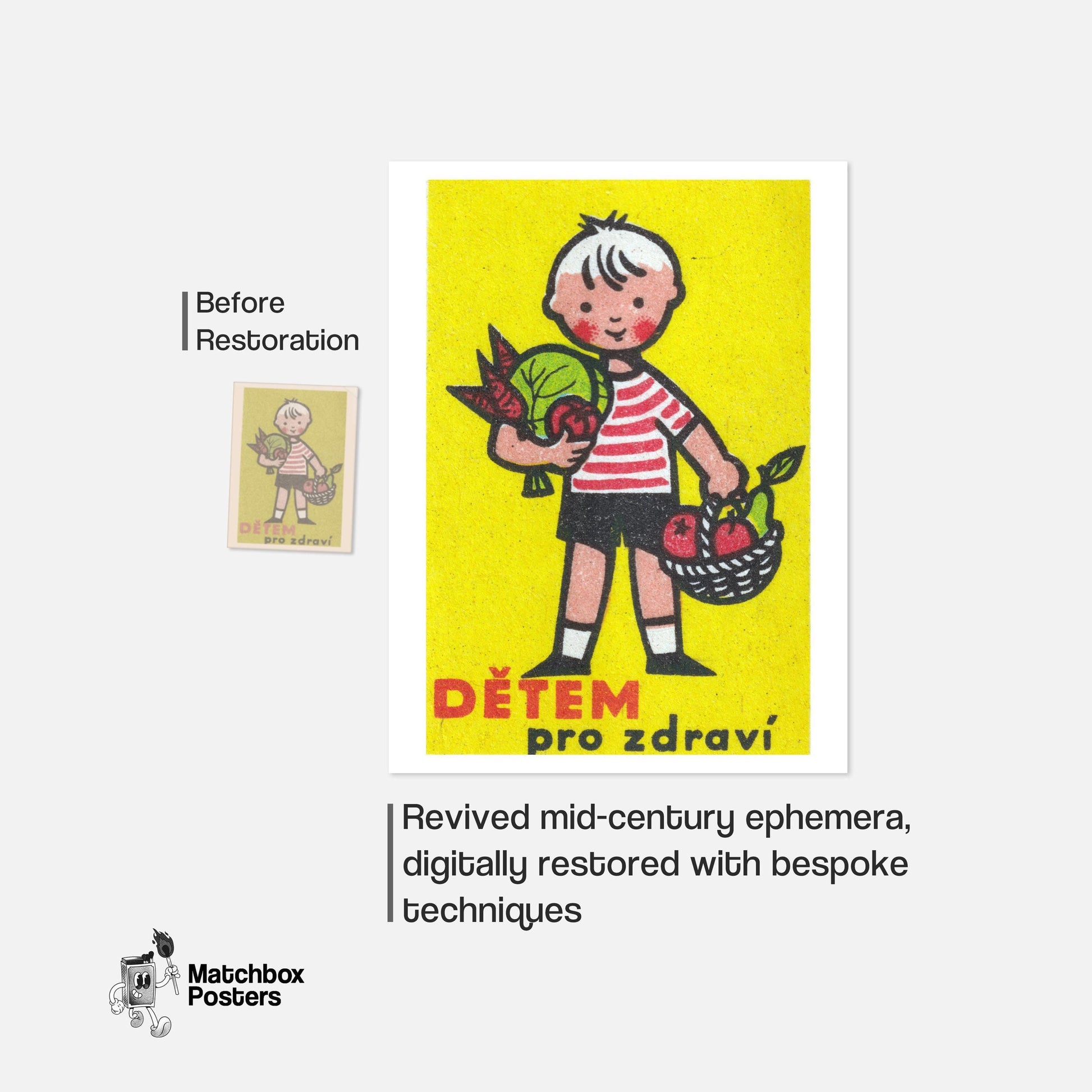 Boy with Basket - vintage matchbox label print - framed wall art preview