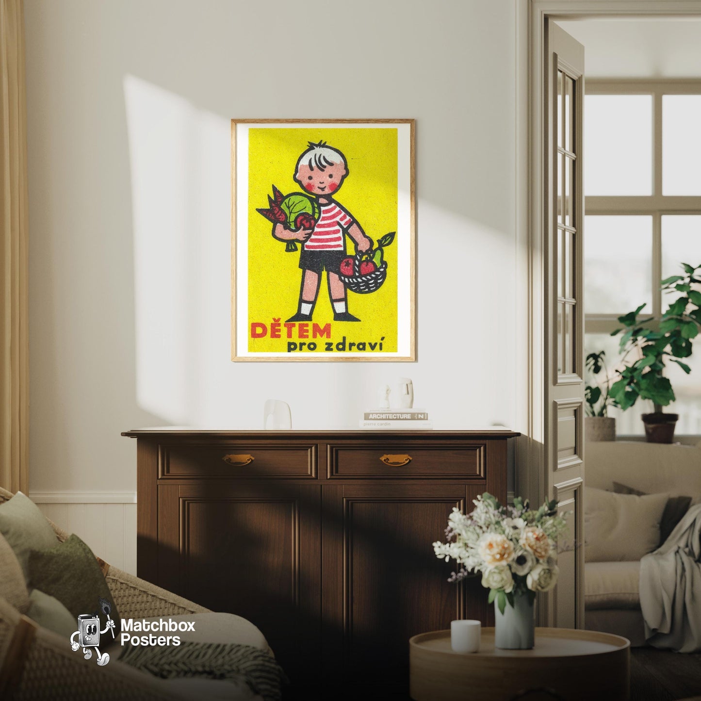 Boy with Basket - vintage matchbox label print - living room mockup