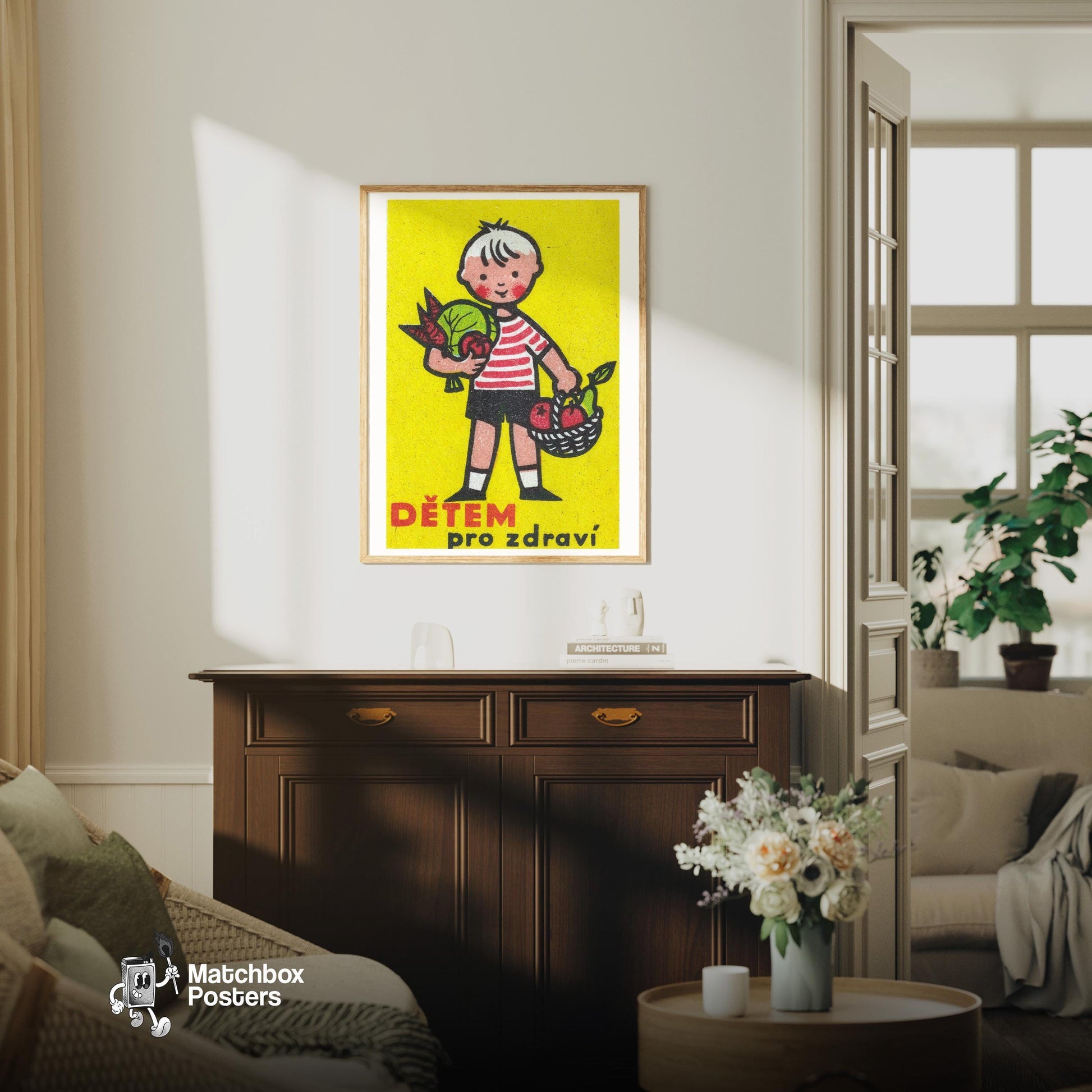 Boy with Basket - vintage matchbox label print - living room mockup
