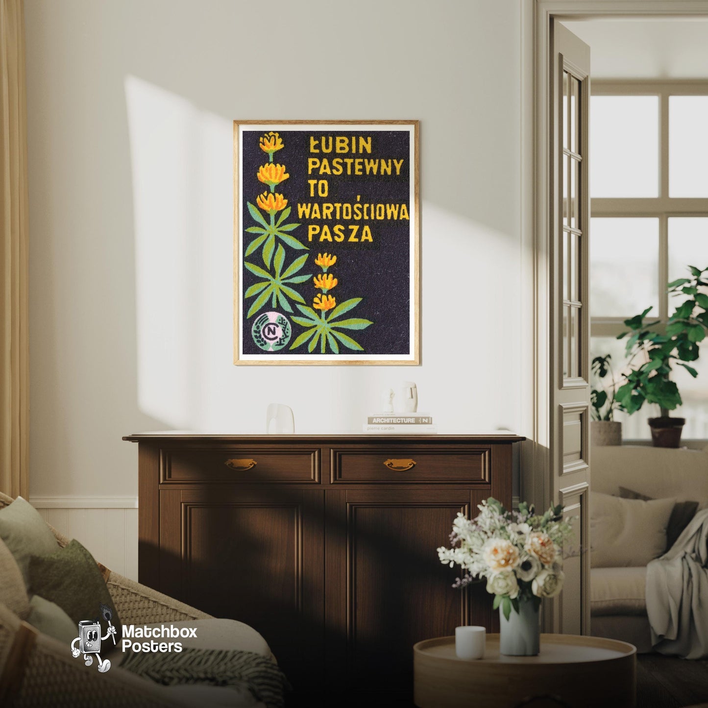 Yellow Lupin Flowers - vintage matchbox label print - living room mockup