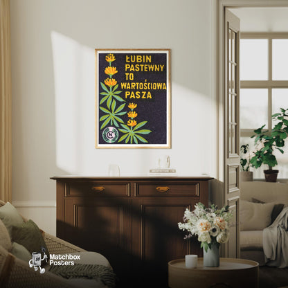 Yellow Lupin Flowers - vintage matchbox label print - living room mockup