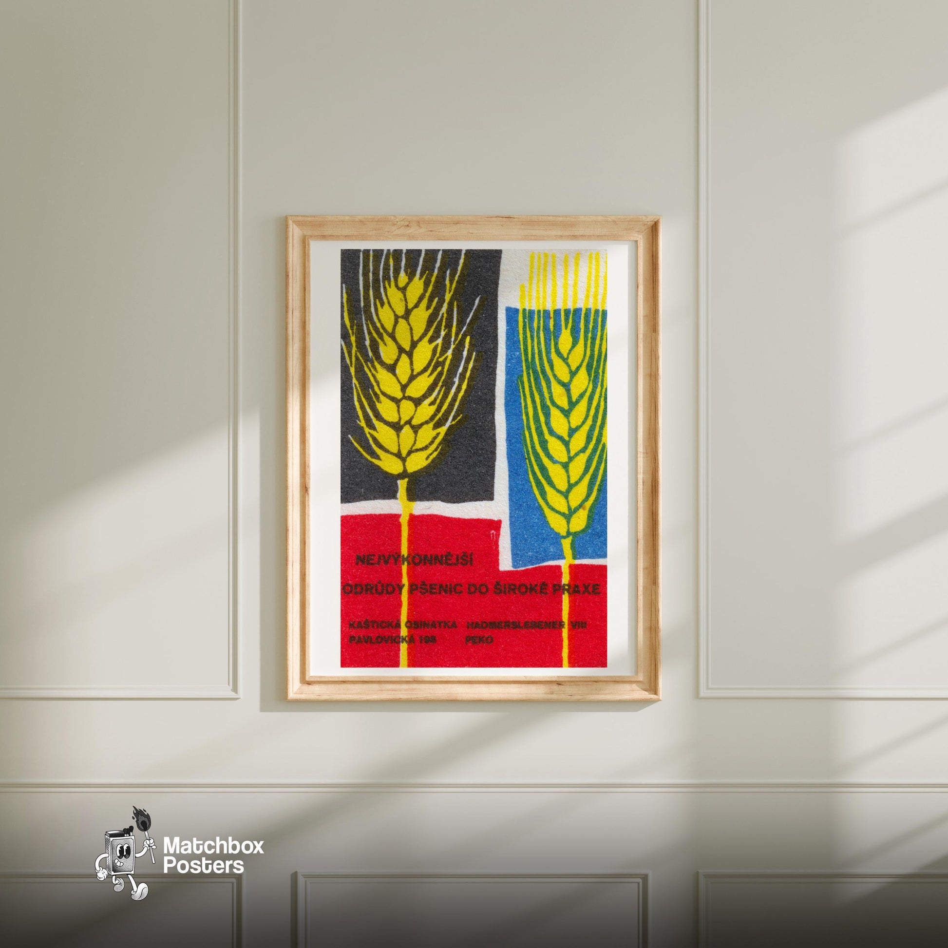 Stylized Wheat Heads - vintage matchbox label print - bedroom mockup