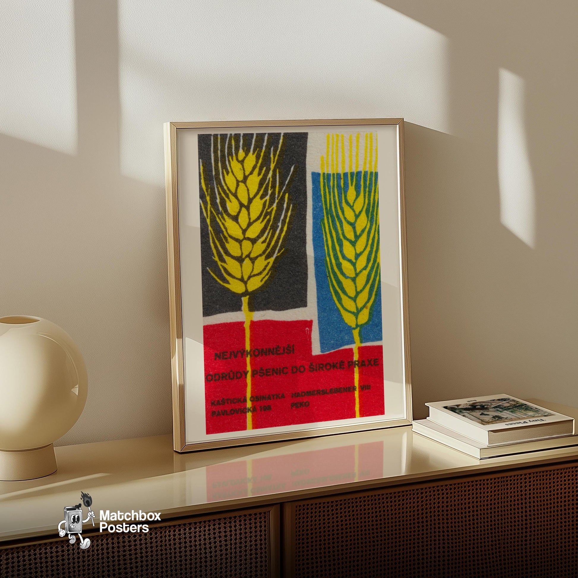 Stylized Wheat Heads - vintage matchbox label print - size comparison