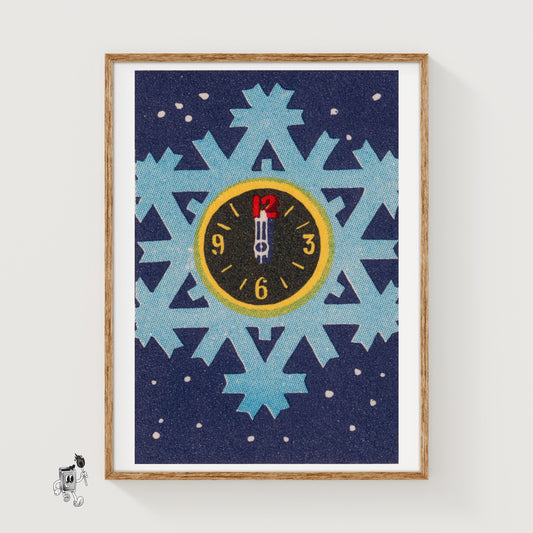 Clock on Snowflake - vintage matchbox label print