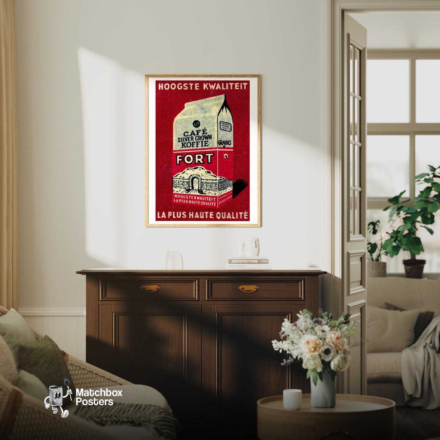 Illustration Of A Coffee Package - vintage matchbox label print - living room mockup