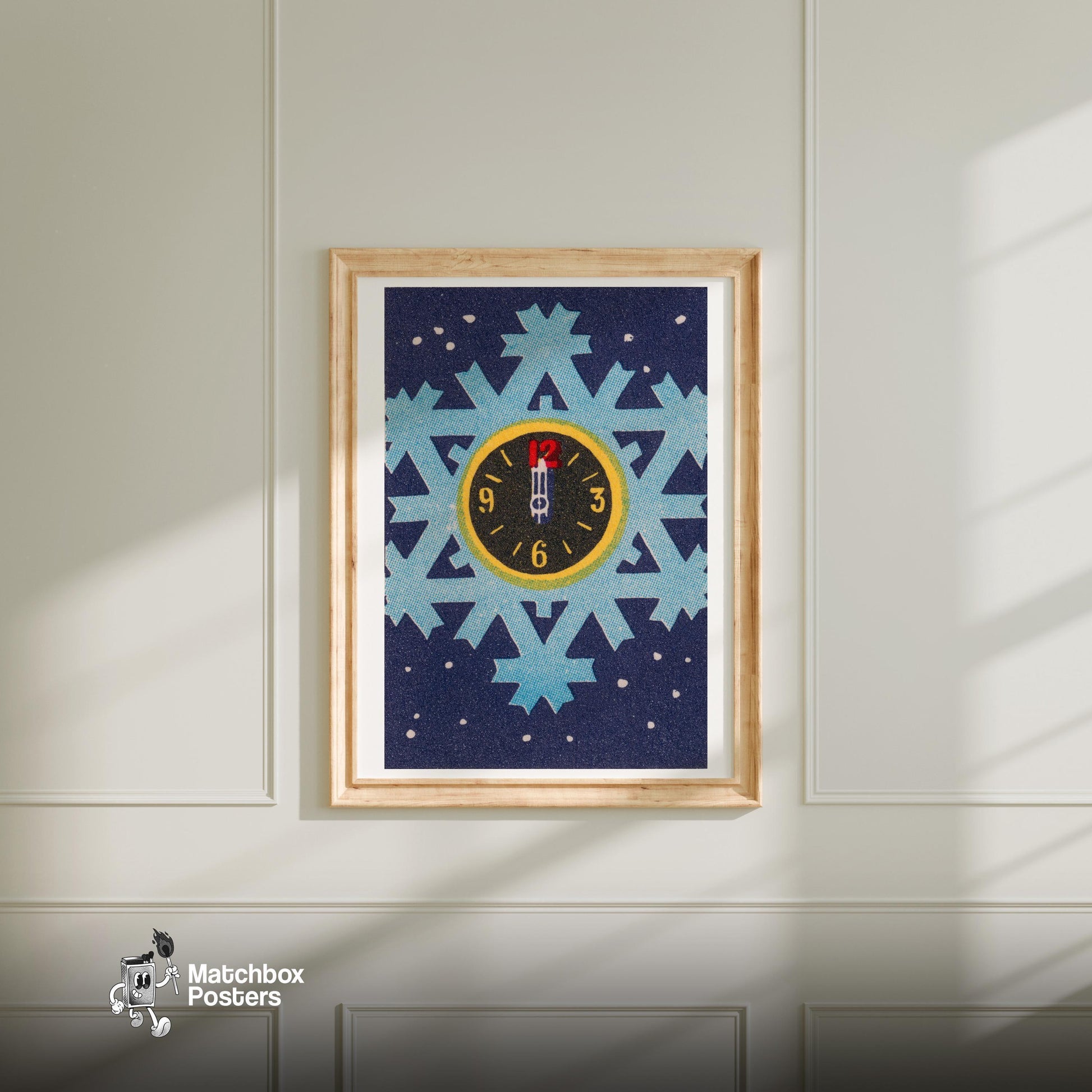 Clock on Snowflake - vintage matchbox label print - bedroom mockup