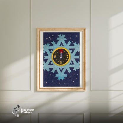 Clock on Snowflake - vintage matchbox label print - bedroom mockup