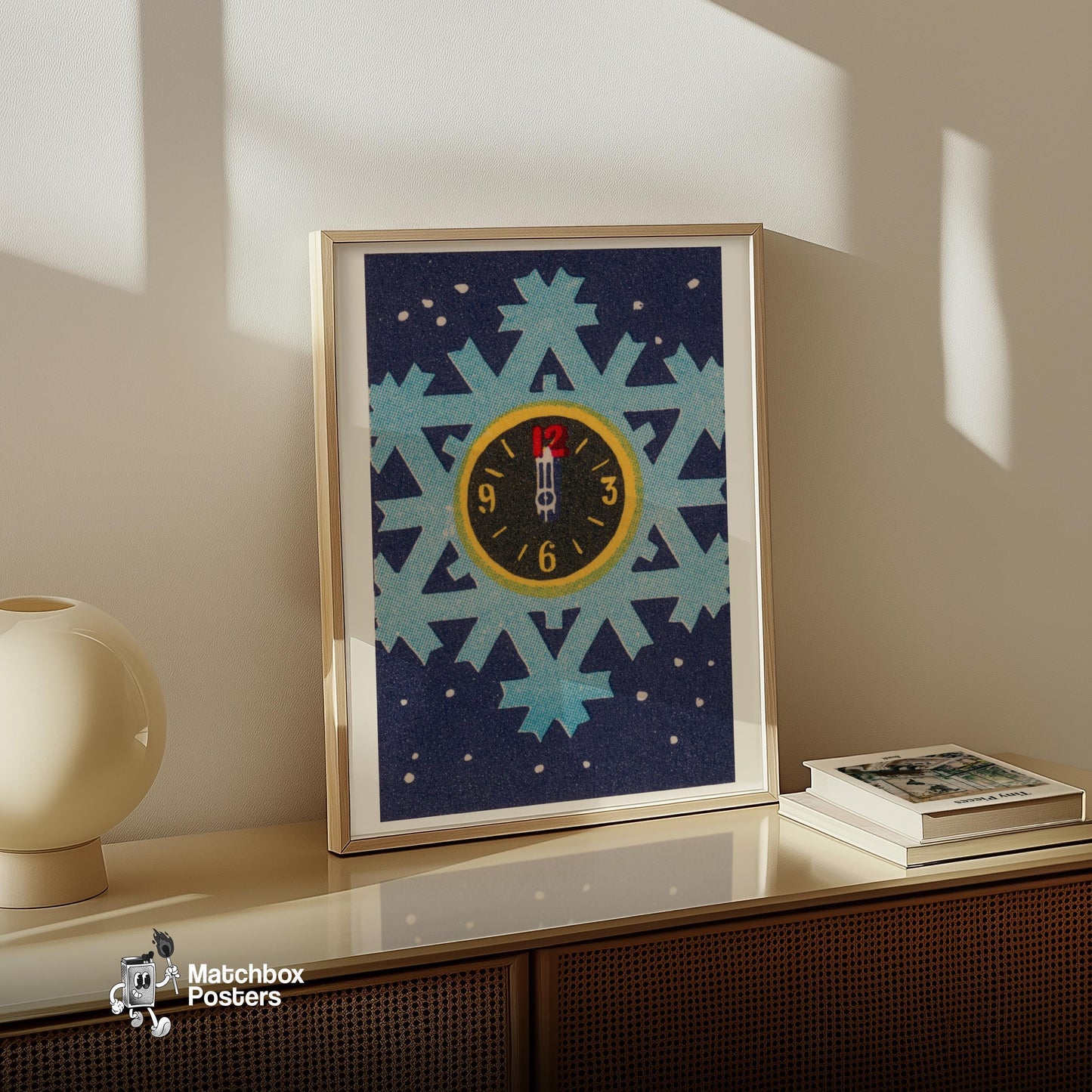 Clock on Snowflake - vintage matchbox label print - size comparison