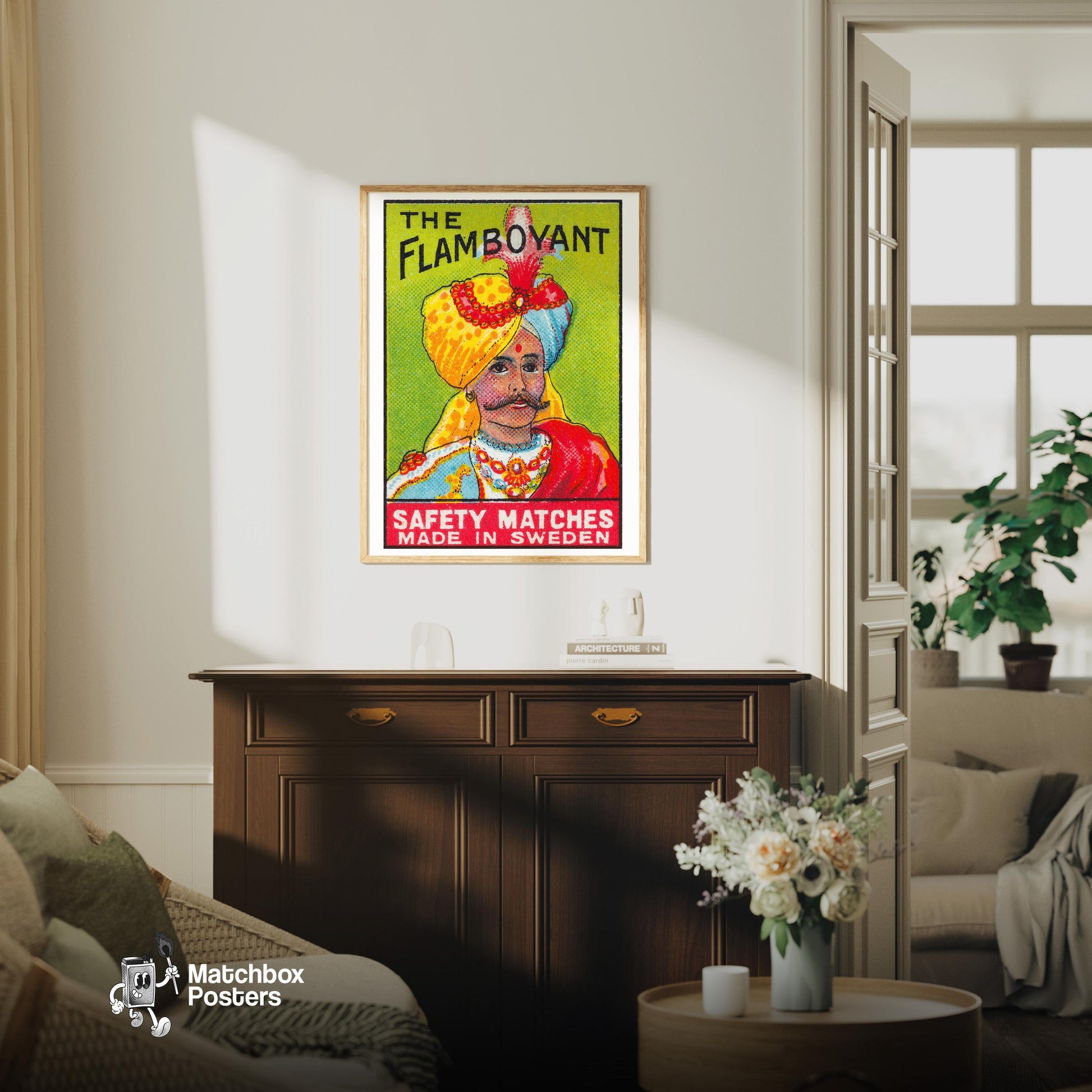 Turbaned Man - vintage matchbox label print - living room mockup
