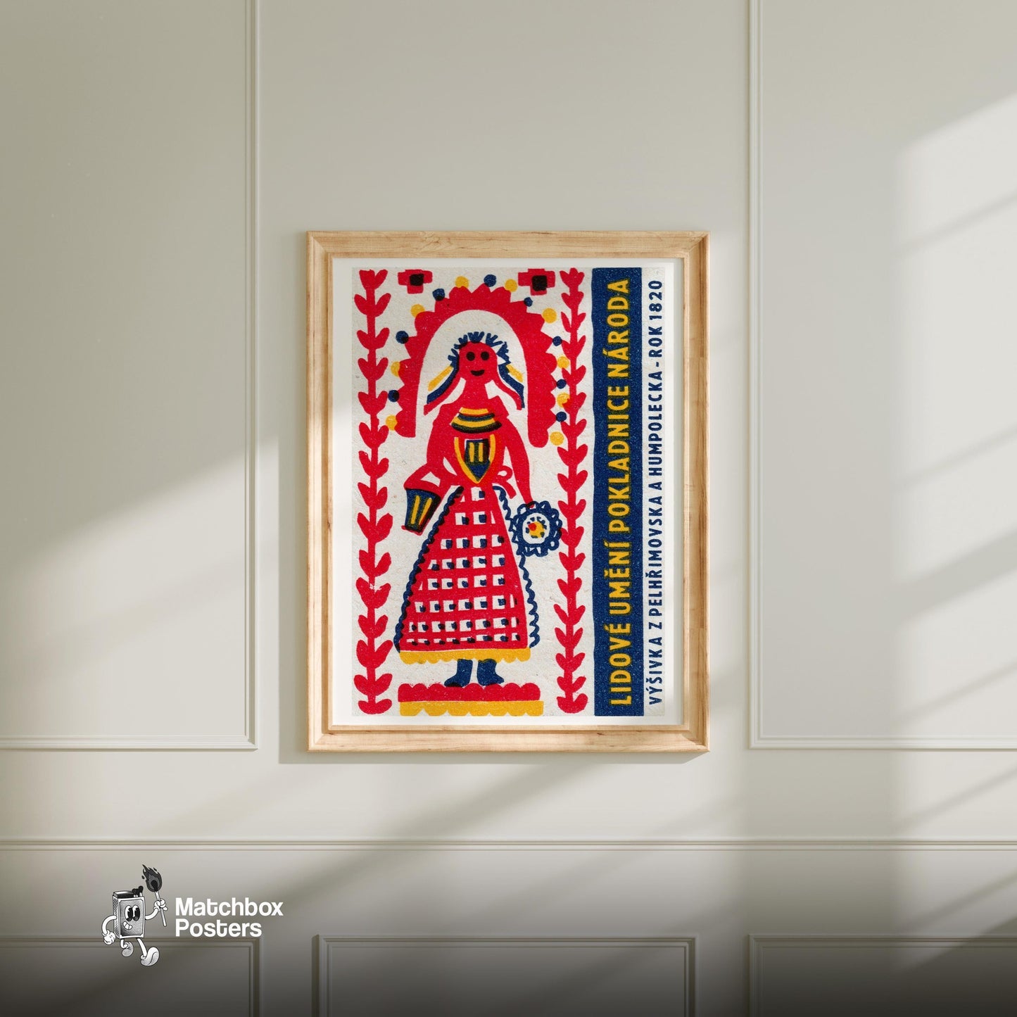 Folk Woman - vintage matchbox label print - bedroom mockup