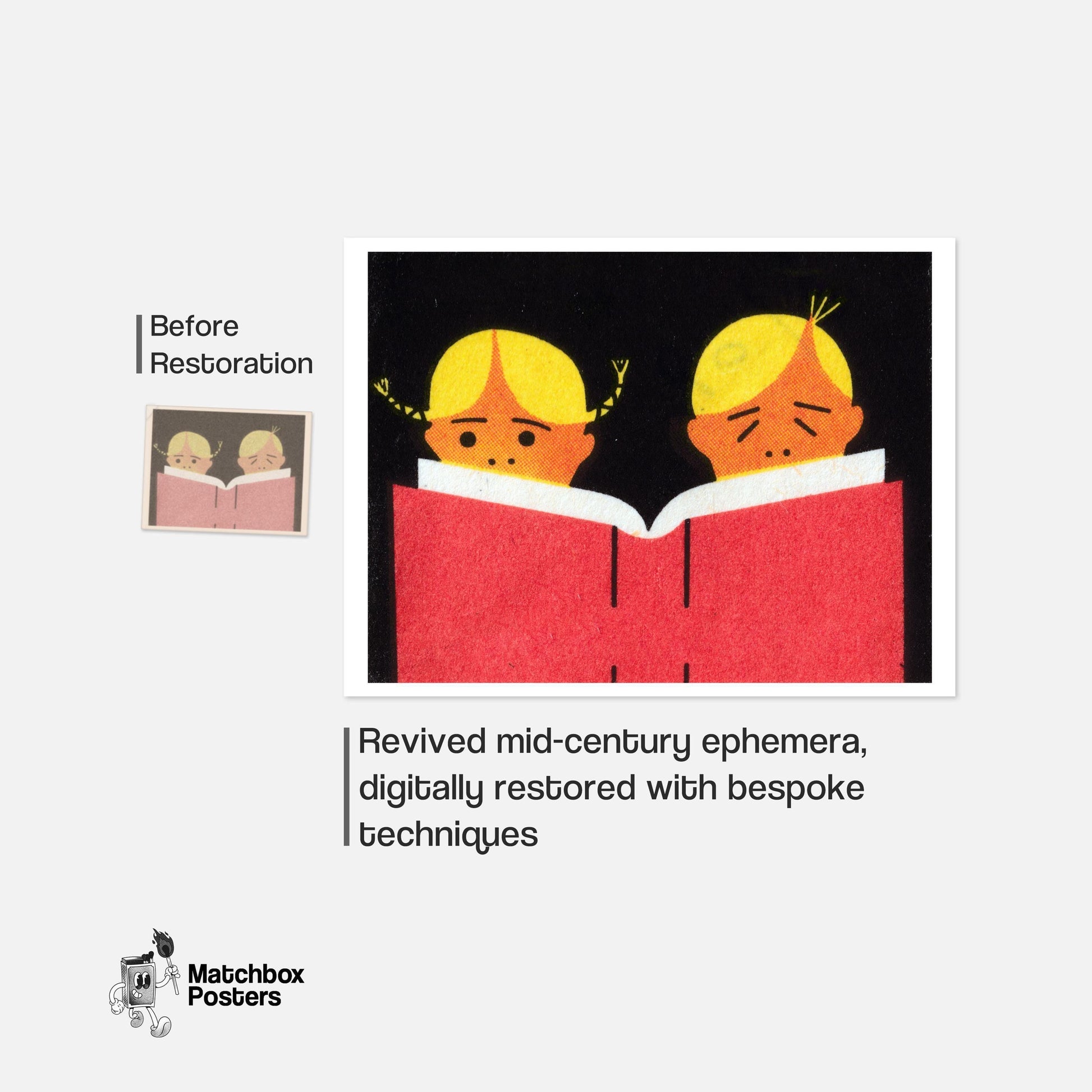 Two Children Reading A Book - vintage matchbox label print - framed wall art preview