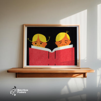 Two Children Reading A Book - vintage matchbox label print - size comparison