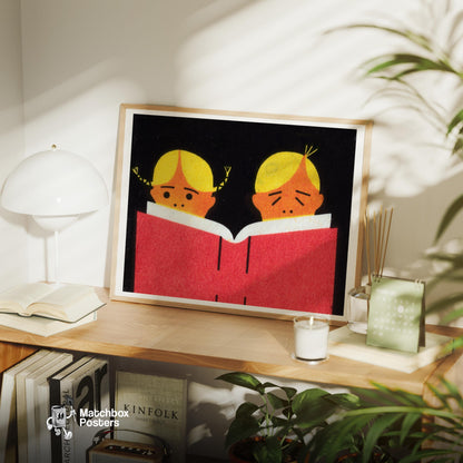 Two Children Reading A Book - vintage matchbox label print - office wall