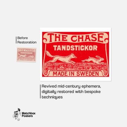 The Chase - vintage matchbox label print - framed wall art preview