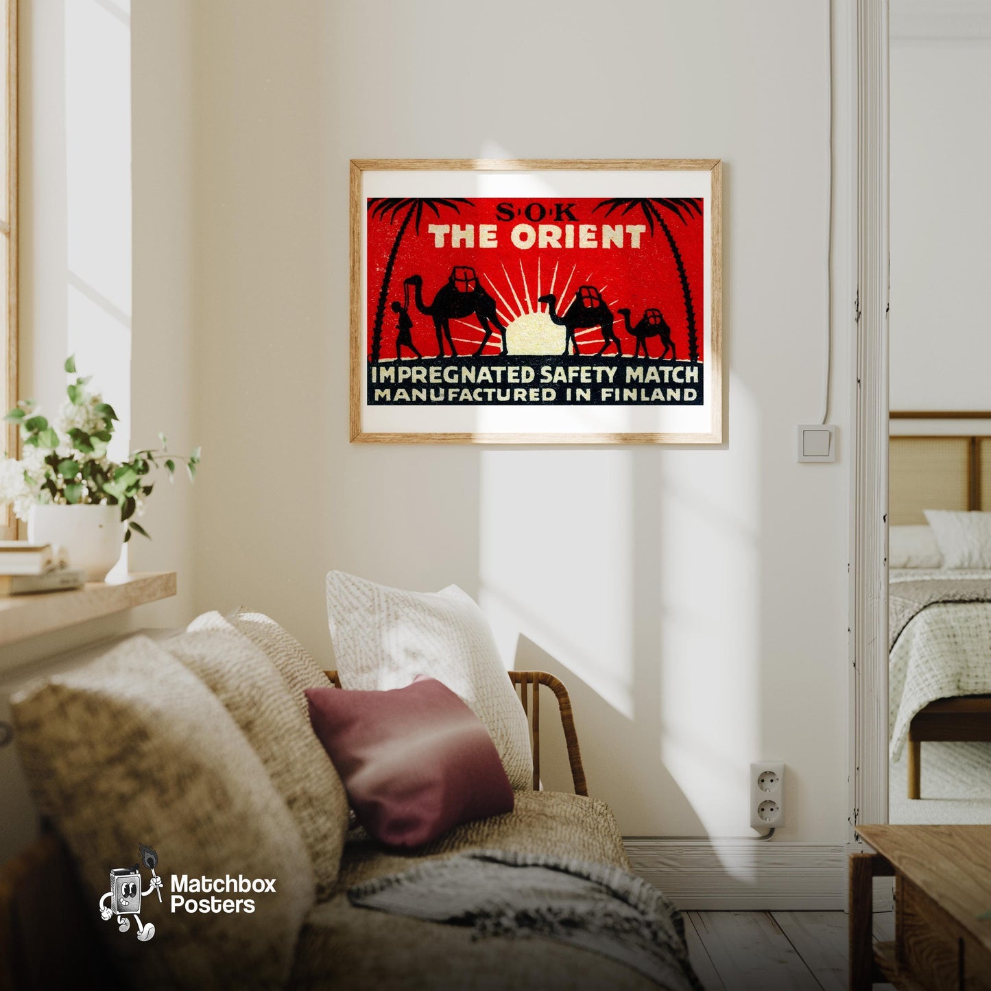 Silhouette Of Camels - vintage matchbox label print - living room mockup
