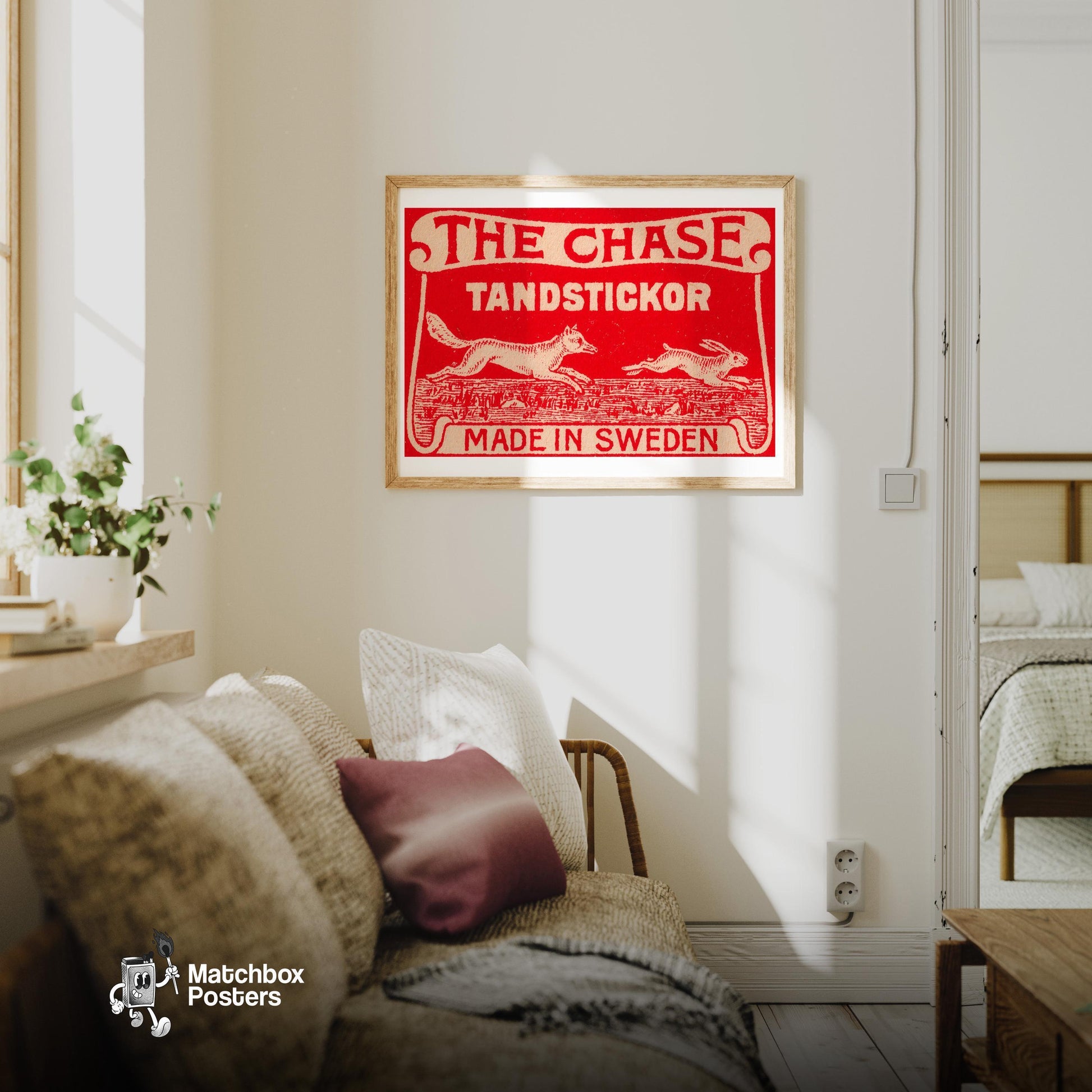 The Chase - vintage matchbox label print - living room mockup