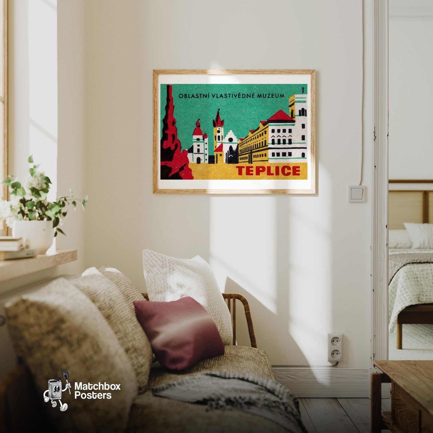 Illustration Of Teplice Buildings - vintage matchbox label print - living room mockup