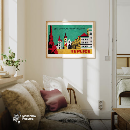 Illustration Of Teplice Buildings - vintage matchbox label print - living room mockup