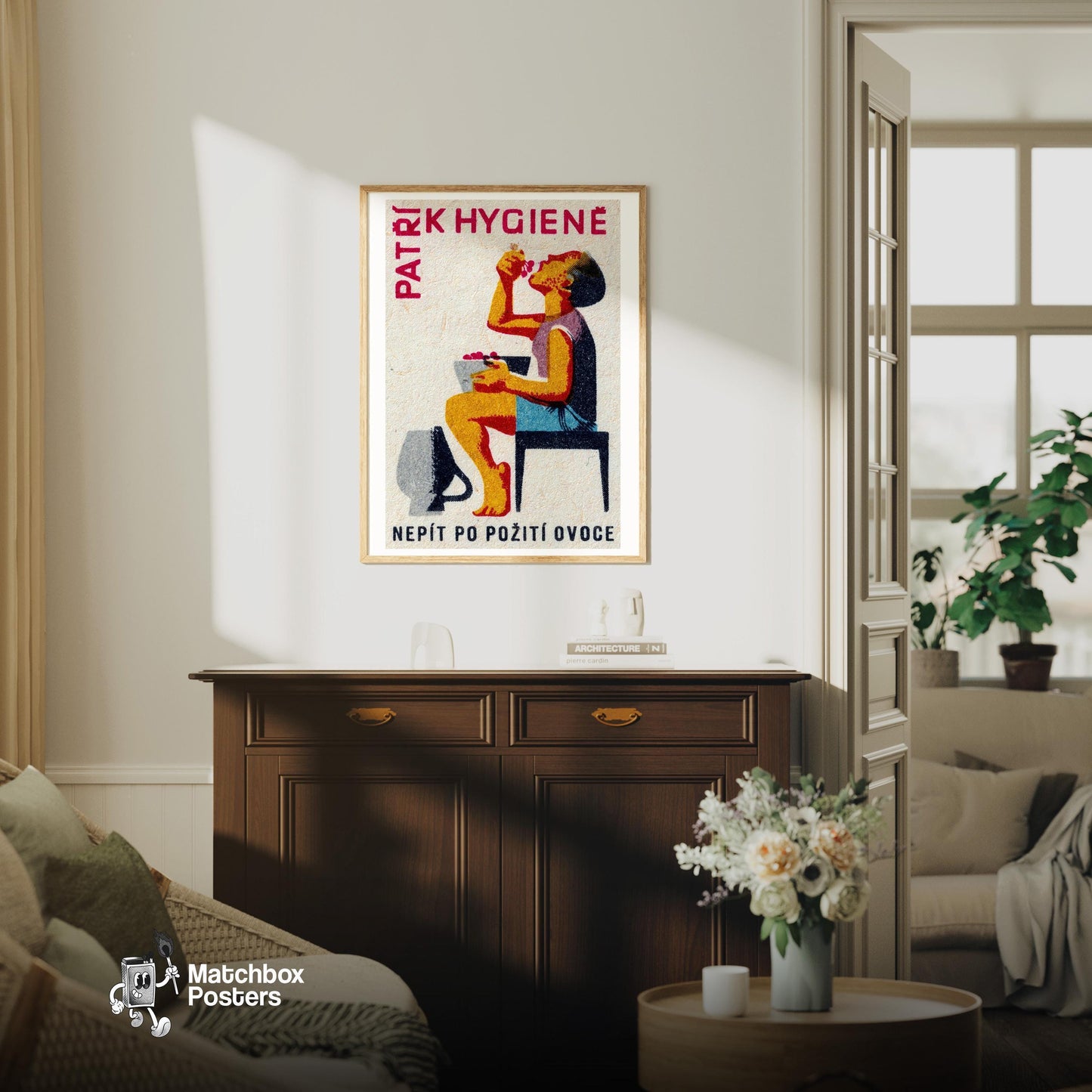 Boy Eating Grapes - vintage matchbox label print - living room mockup