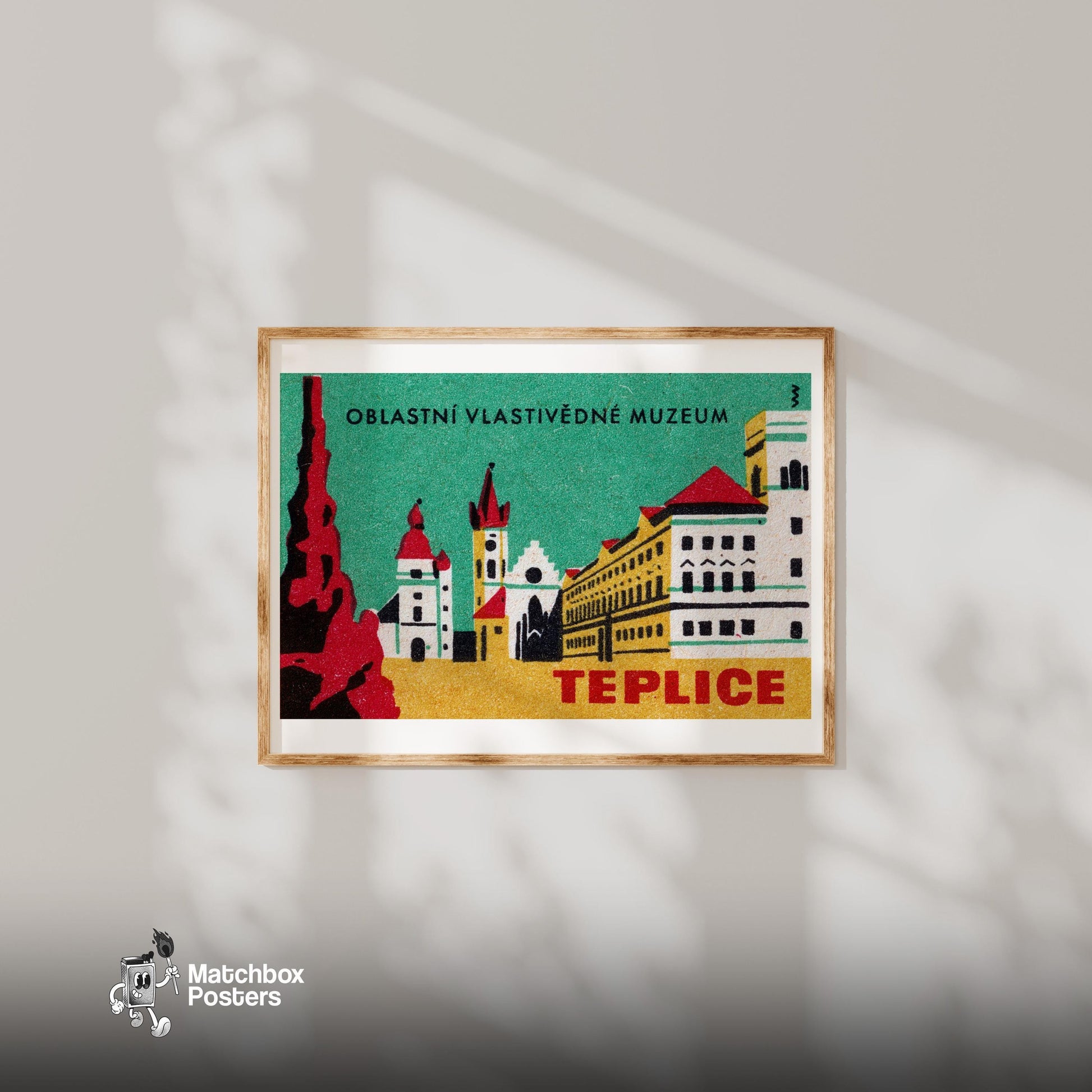 Illustration Of Teplice Buildings - vintage matchbox label print - bedroom mockup