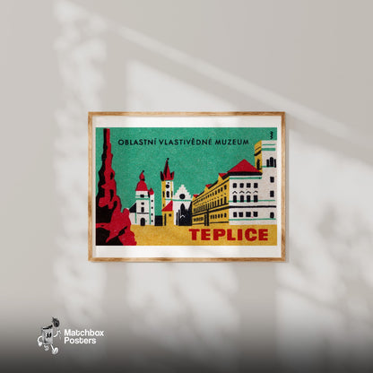 Illustration Of Teplice Buildings - vintage matchbox label print - bedroom mockup