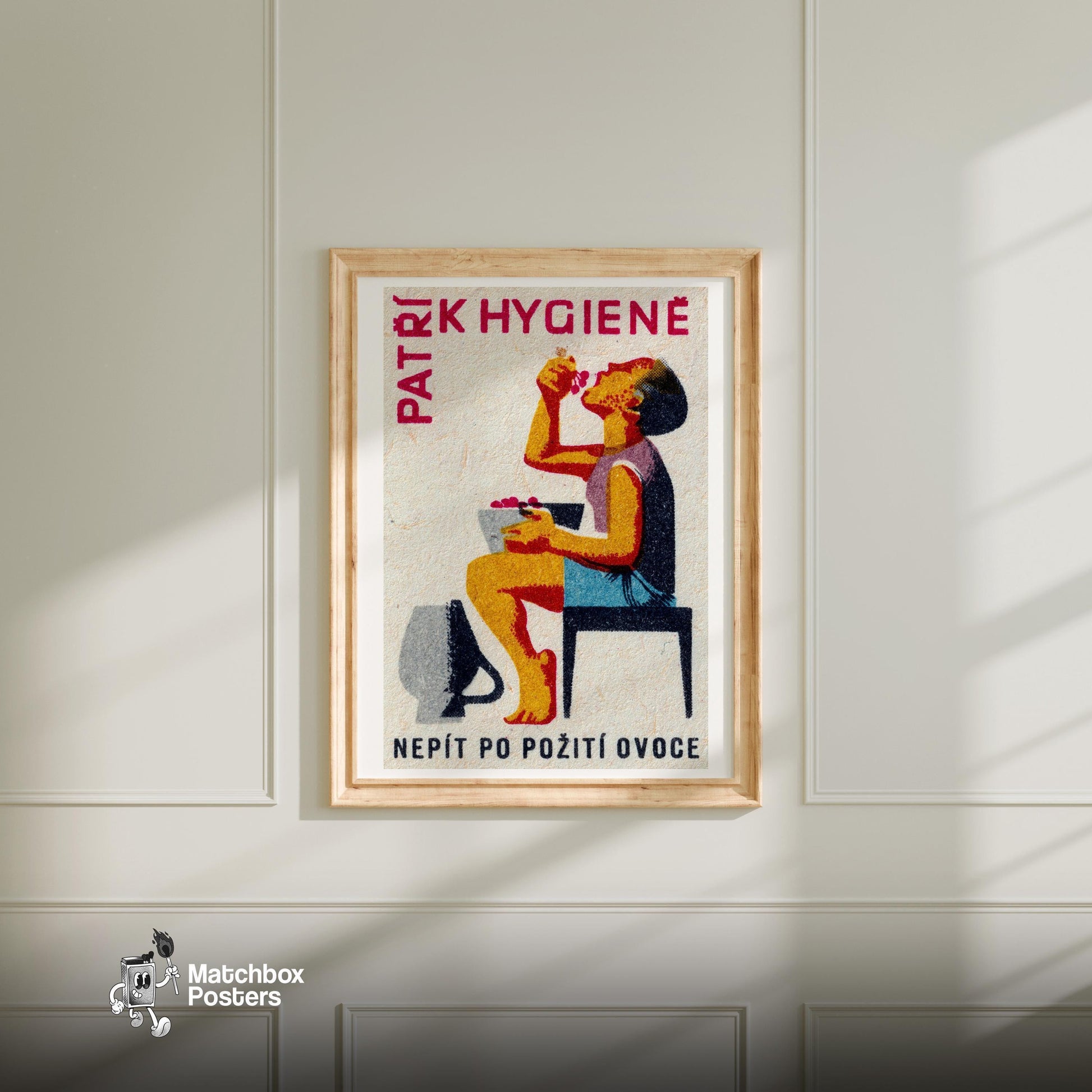 Boy Eating Grapes - vintage matchbox label print - bedroom mockup