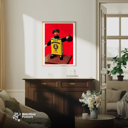 Footballer Toy Figure - vintage matchbox label print - living room mockup