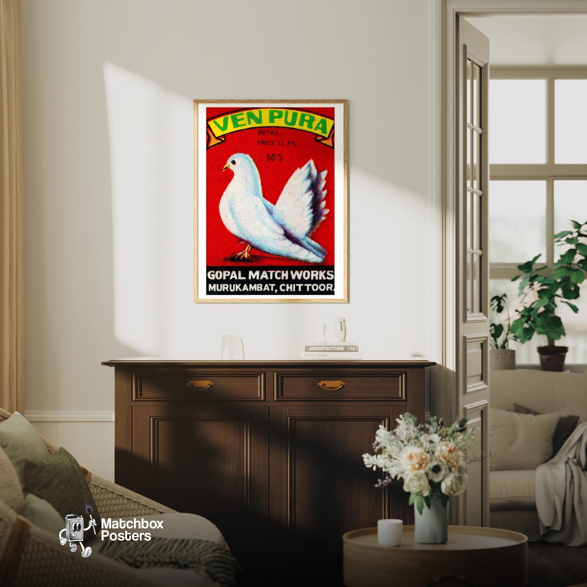 White Dove - vintage matchbox label print - living room mockup