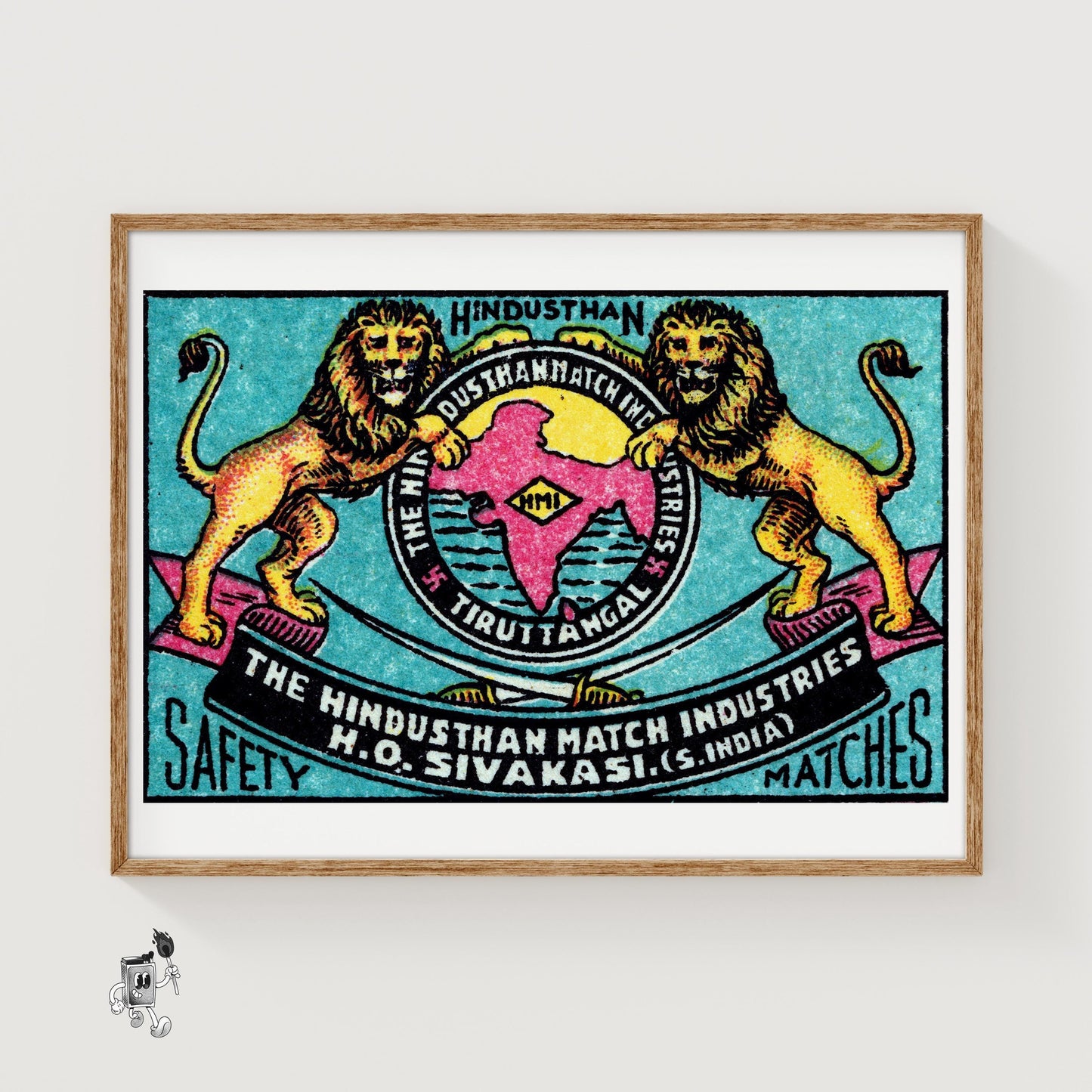Hindustan Lions - vintage matchbox label print