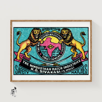 Hindustan Lions - vintage matchbox label print