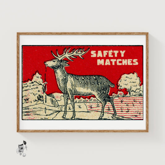 Deer Drinking Water - vintage matchbox label print