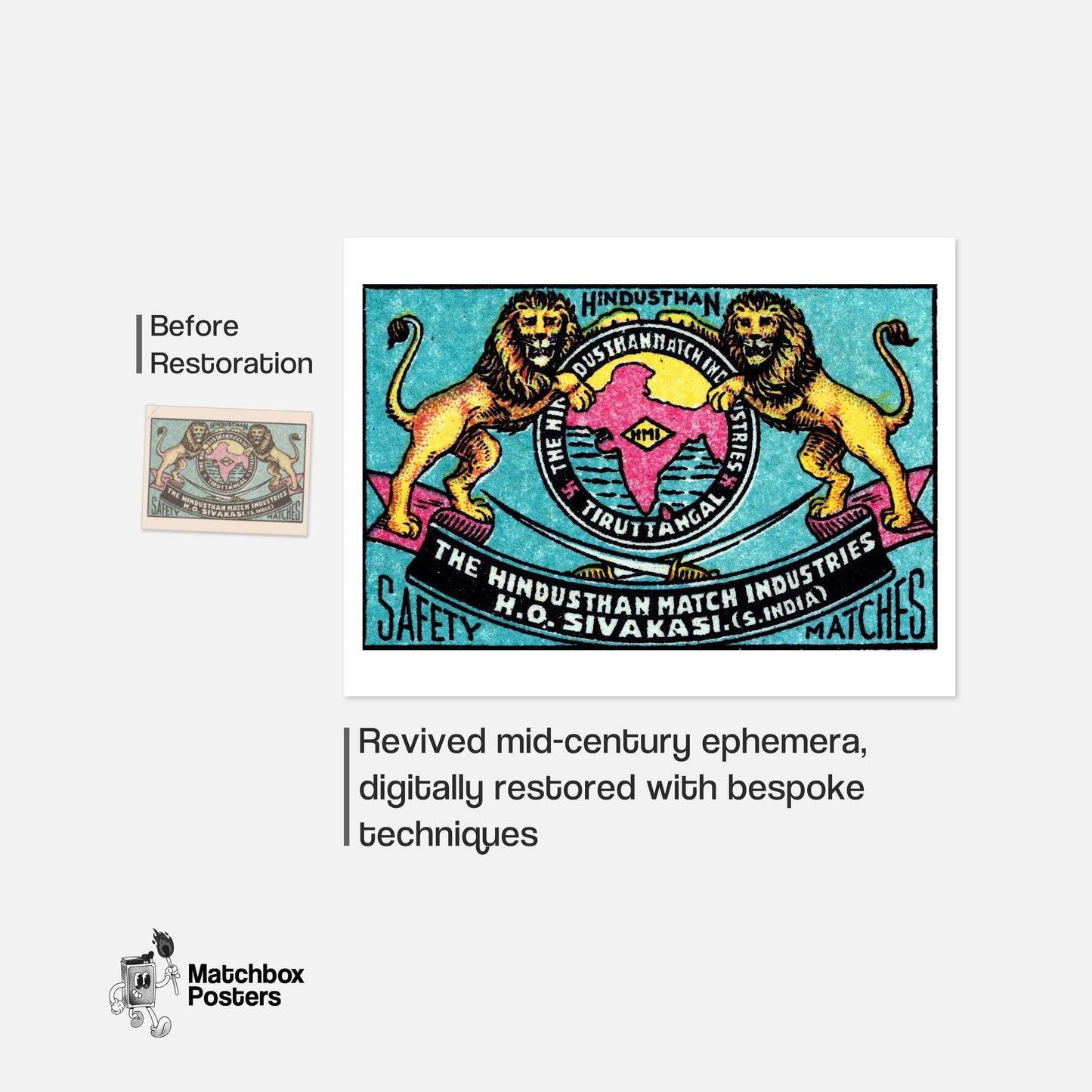 Hindustan Lions - vintage matchbox label print - framed wall art preview