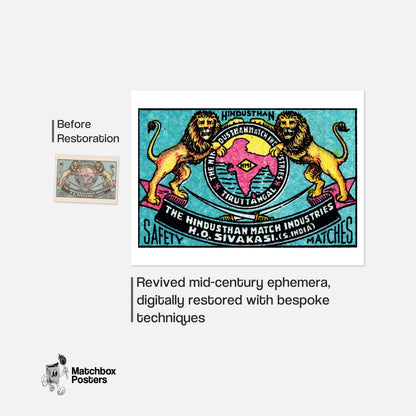 Hindustan Lions - vintage matchbox label print - framed wall art preview