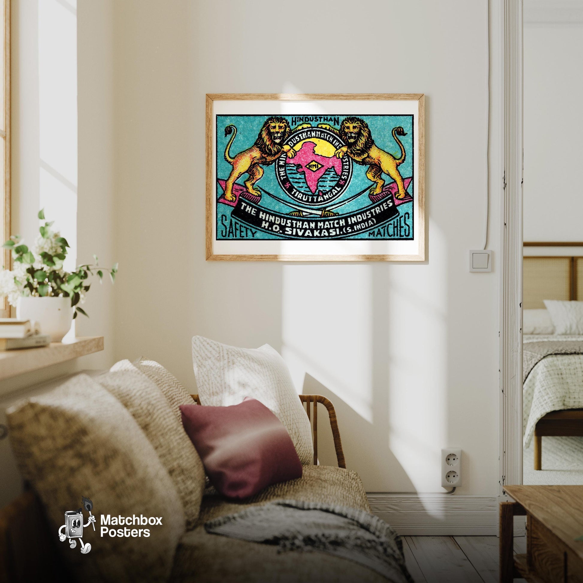 Hindustan Lions - vintage matchbox label print - living room mockup