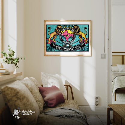 Hindustan Lions - vintage matchbox label print - living room mockup