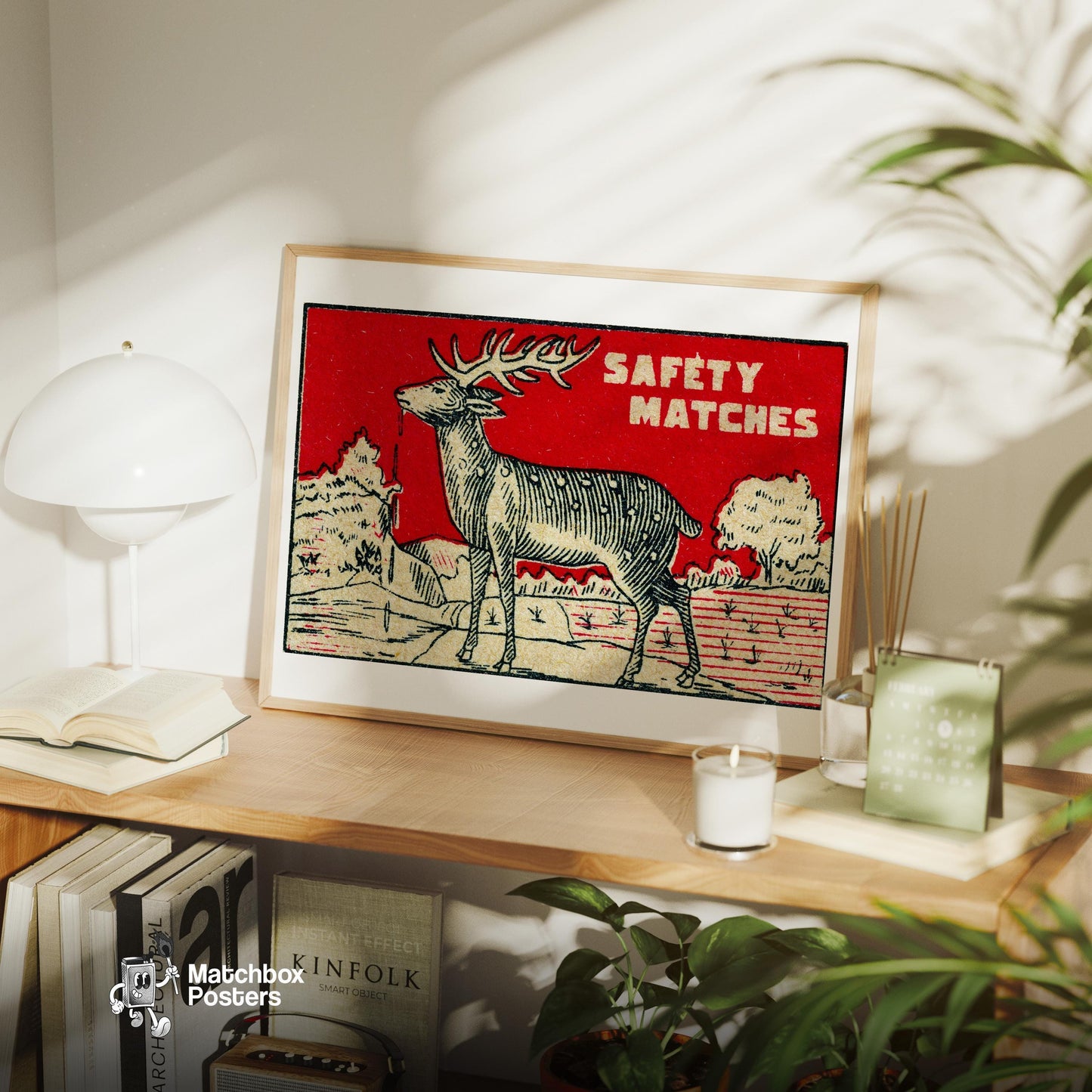Deer Drinking Water - vintage matchbox label print - office wall
