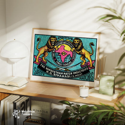 Hindustan Lions - vintage matchbox label print - office wall