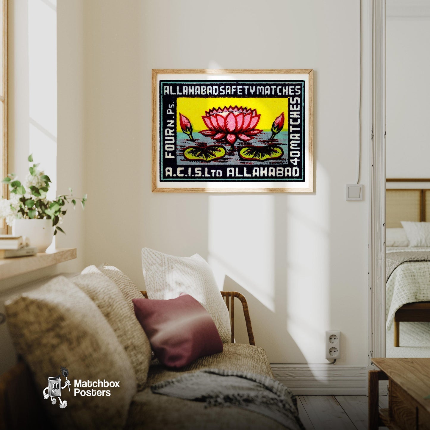 Pink Lotus Flower - vintage matchbox label print - living room mockup