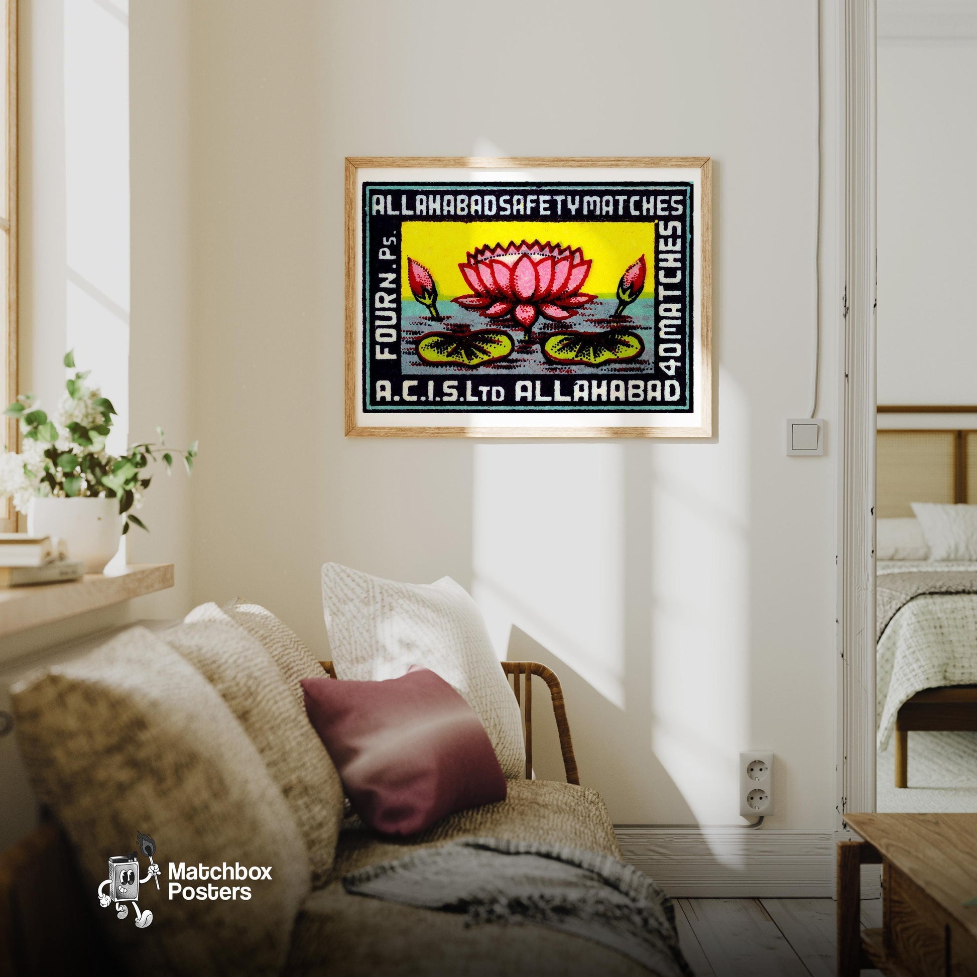 Pink Lotus Flower - vintage matchbox label print - living room mockup