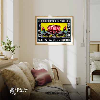 Pink Lotus Flower - vintage matchbox label print - living room mockup