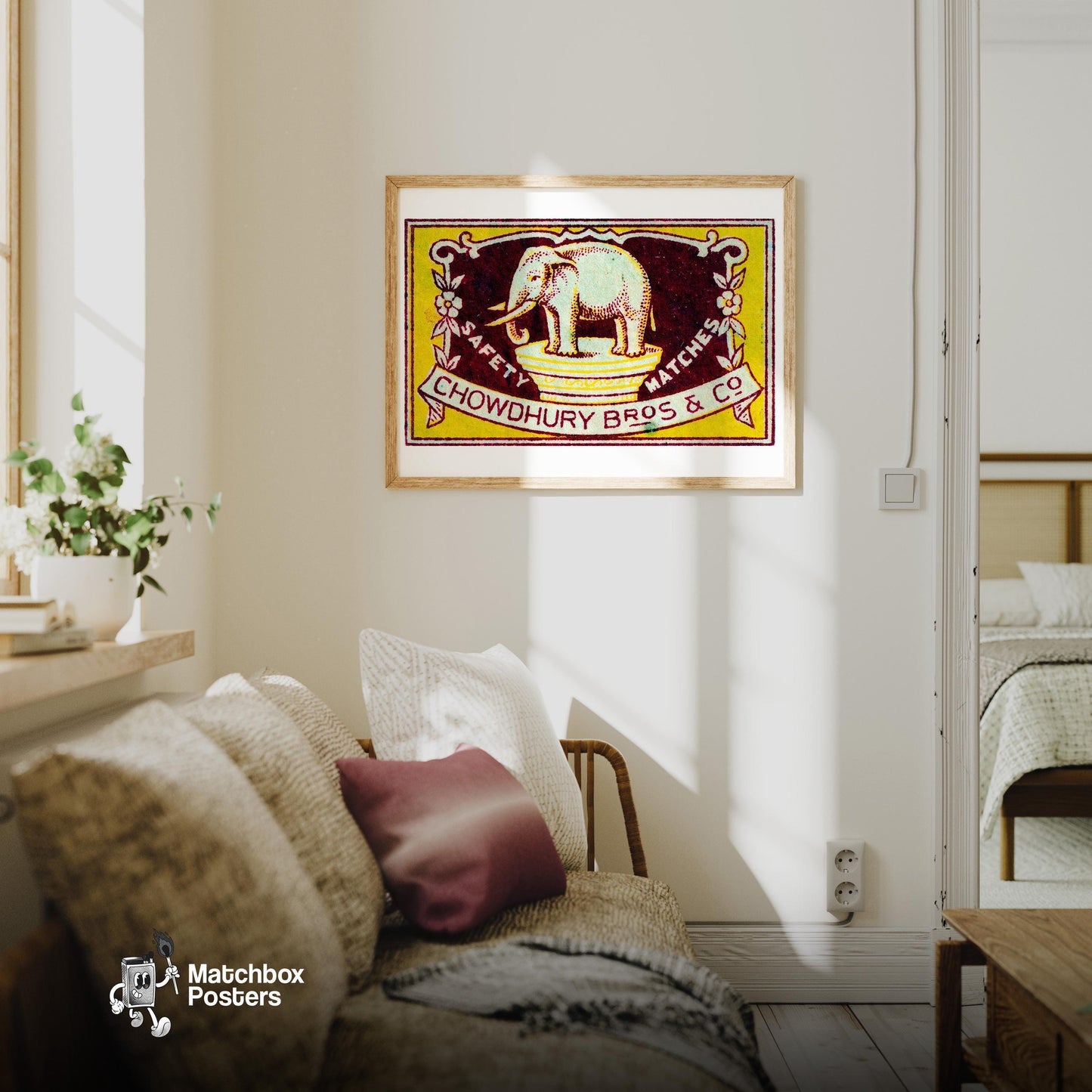Yellow Elephant - vintage matchbox label print - living room mockup