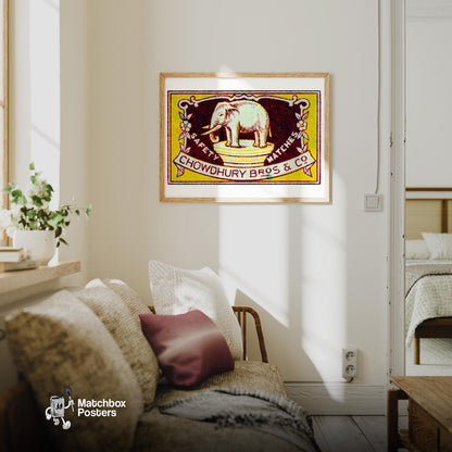 Yellow Elephant - vintage matchbox label print - living room mockup